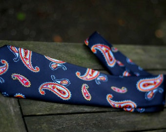 90er-Jahre-Krawatte mit Paisley-Print | Krawatte mit Vintage-Eye-Drop-Print| Blaue Paisley-Krawatte für Herren| Geschlechtslose Kleidung | Krawatte für Damen