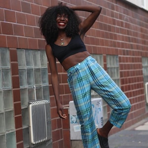 Vintage Silk Plaid Pants: 90s Blue Green Wide Leg Trousers