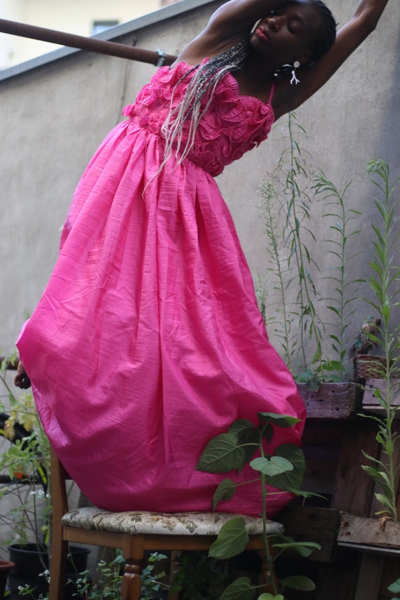 pink laura dress Marisa Satin (Pink) functional gold look chain button detailing at the bodice Vintage pink floral Laura Ashley