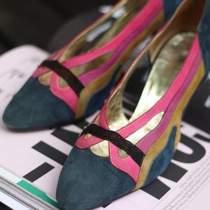 80s Chris Moda Leather Heels: Vintage Color Block Patchwork Pumps