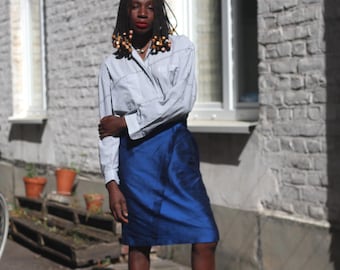 Vintage Blue Silk Skirt: 90s Kriss Pleated Knee-Length Design