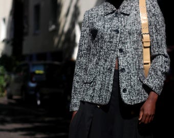 Vintage Houndstooth Tweed Blazer: 90s Black and White French Style