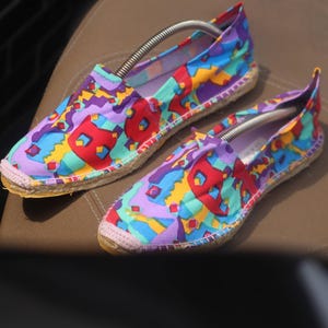 Espadrilles vintage à imprimé géométrique : chaussures plates en toile bohème colorées EU41