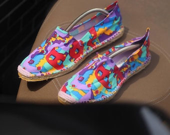 Vintage Geometric Print Espadrilles: Bunte Boho Canvas Ballerinas EU41