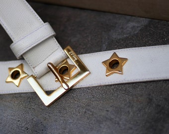 80s Leather Belt| Vintage White Statement Belt With Gold-Toned Hardware | Western inspired Minimalist belt with Star-shaped Details