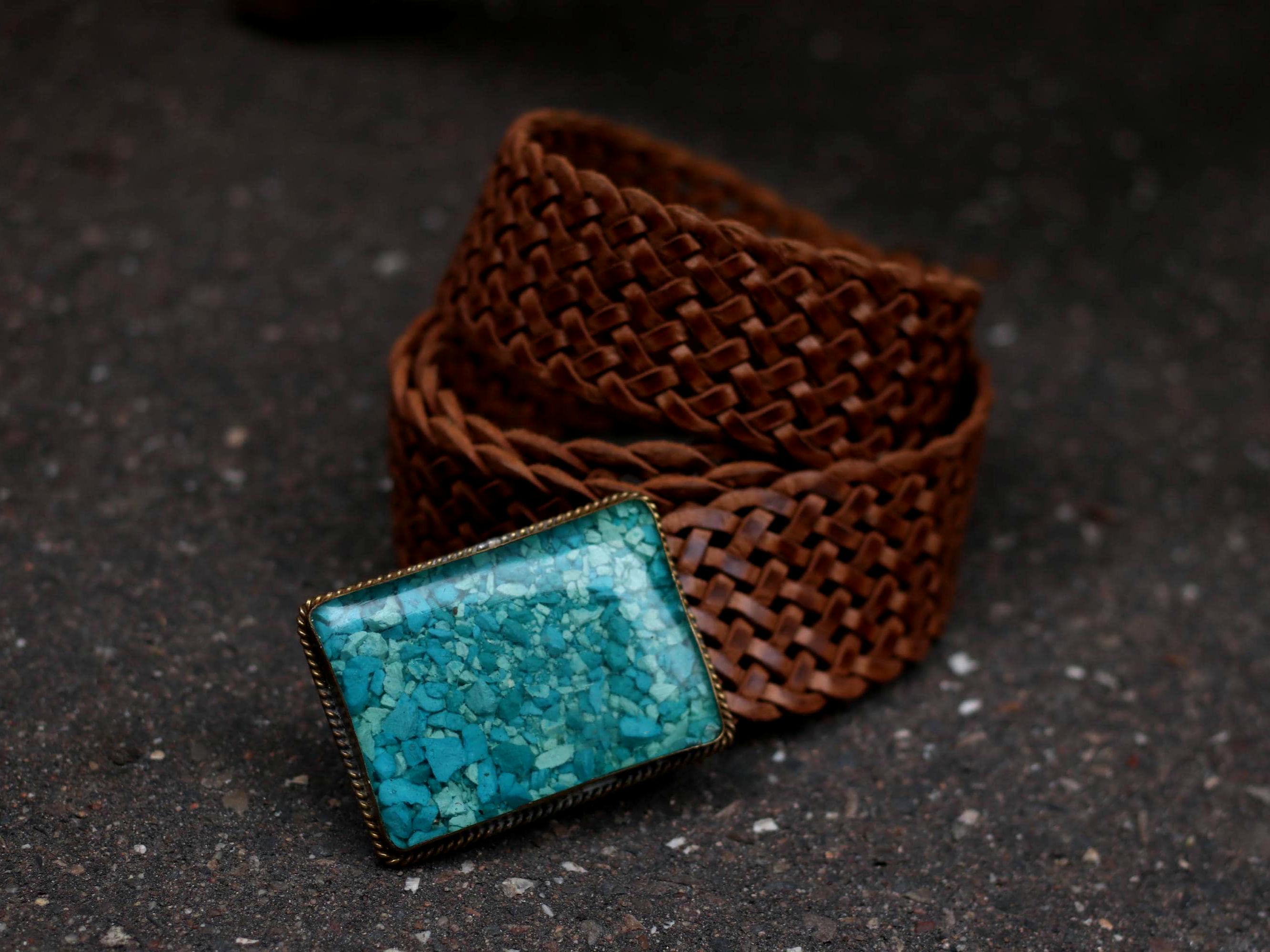 Vintage Braided Leather Belt With Turquoise Mosaic Buckle 