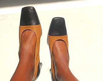 Tanja Jannetti Vintage 90s Colorblock Pumps Italian Leather Square Toe Heels 39.5