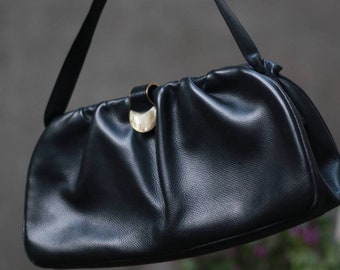 70s black classic handbag | Minimalist Vintage leather shoulderbag with statement closure details| Capsule collection bag