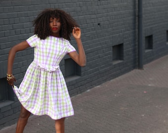 Vintage Gingham Fit and Flare Dress: Purple Green Check Cotton Summer Style