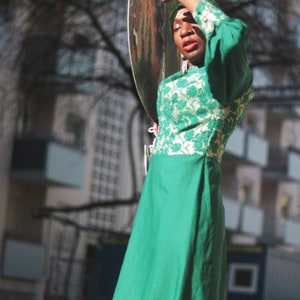 70s Festive Dress Vintage Green Dress With Floral Overlay and Pleated Arms image 3