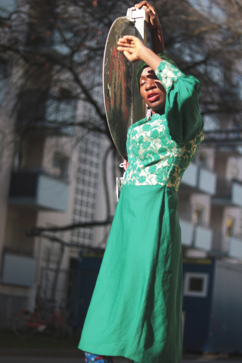 70s Festive Dress Vintage Green Dress With Floral Overlay and Pleated Arms image 3