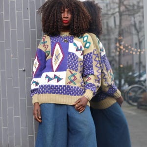 Vintage 90er Jahre Abstrakt Geometrische Strick Pullover | Mixed Texture Ramie Baumwollpullover M
