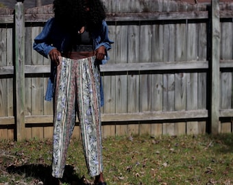 90s Floral Rayon Trousers: Vintage High-Waisted Wide-Leg Pants