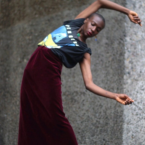 90s velvet optic red skirt| Vintage opulent maxi skirt| Minimalist evening skirt