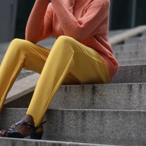80s yellow shinny trousers Vintage bright yellow statement Stirrup pants image 3