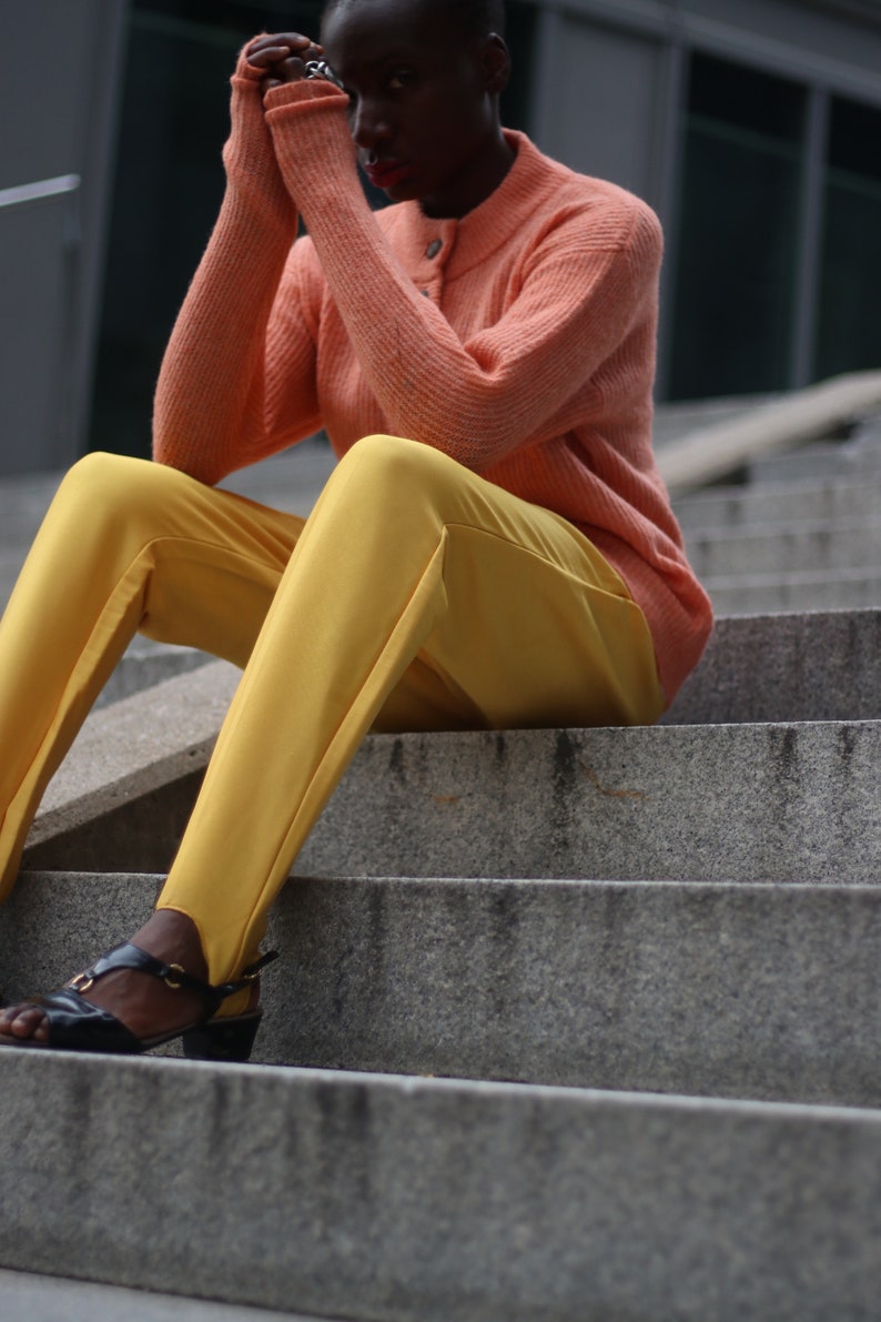 80s yellow shinny trousers Vintage bright yellow statement Stirrup pants image 3