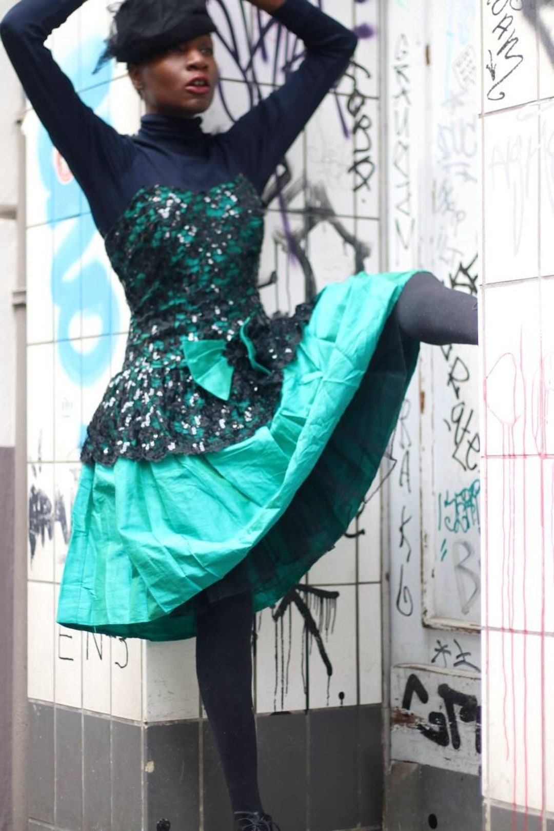 80s Prom Dress| Vintage Green Off-the-Shoulder Evening Dress| Women's Opulent Taffeta Dress