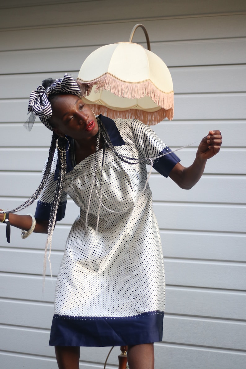 Vintage Striped and Polka Dottted Collared Handmade Dress in Blue and White Size Small image 2