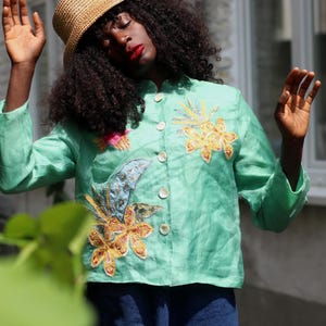 Vintage Silk Blazer: Green Floral Applique, 90s Lightweight Evening Shirt