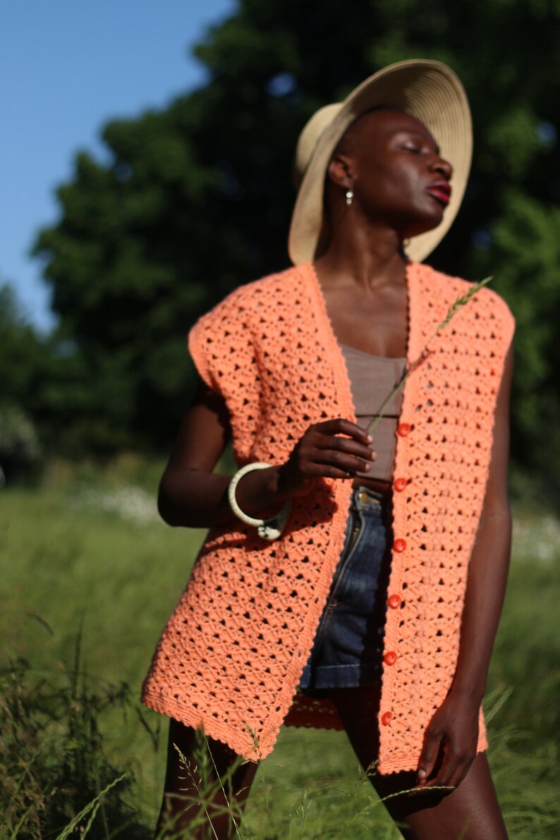 Handmade Orange Vest Vintage Knitted Vest with buttons Bohemian buttoned down design image 1