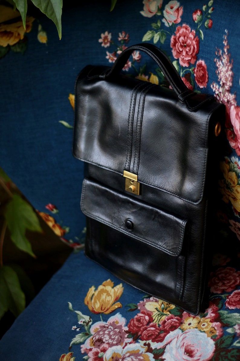 70s Black Top Handle Bag Vintage retro leather old school design Women's Minimalist Capsule wardrobe bag image 1