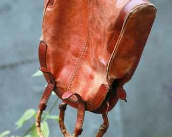 70s Leather Top handle bag | Vintage Brown shoulder bag with  statement wooden handles