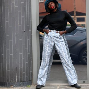Y2k-broek met slangenprint | Vintage hoog getailleerde broek met wijde pijpen| Ontwerp met dierenprint