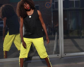 Pantalon cargo jaune fluo, pantalon court vintage, année 2000