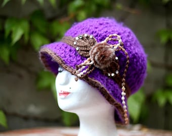 y2k Purple Knitted Hat| Vintage Cozy Hat with Floral Beaded Details |Maximalist Quirky  Headpiece| EMO Girl Accessory