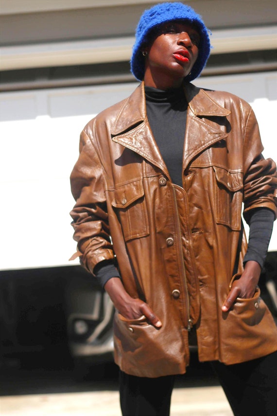 90s Leather Jacket| Vintage Brown Unisex Leather Coat | Women