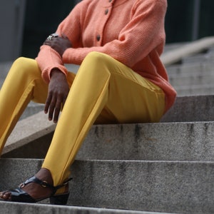 80s yellow shinny trousers Vintage bright yellow statement Stirrup pants image 5