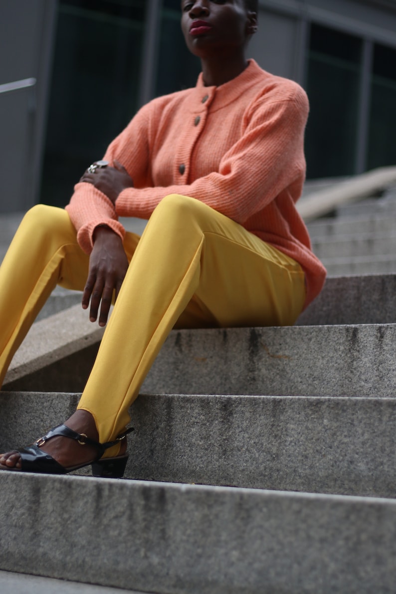 80s yellow shinny trousers Vintage bright yellow statement Stirrup pants image 5