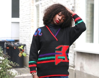 Vintage 80s Oversized Knit Sweater| Black V-Neck Color Block Geometric Pullover
