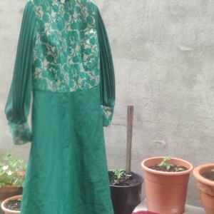 70s Festive Dress Vintage Green Dress With Floral Overlay and Pleated Arms image 6