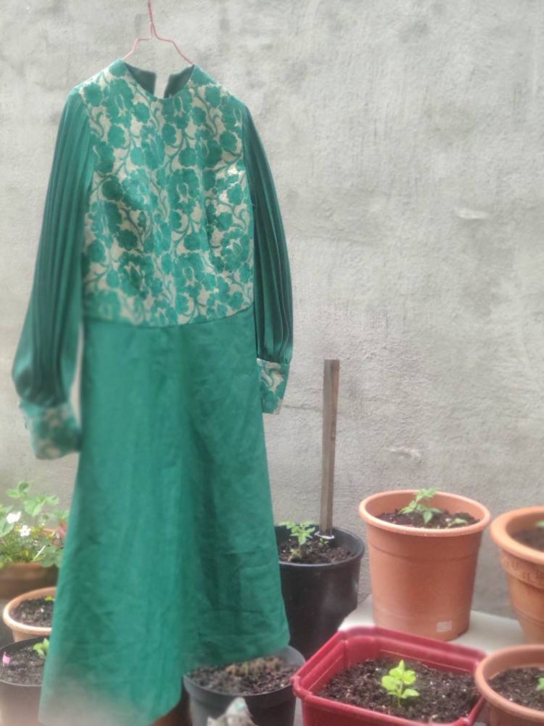 70s Festive Dress Vintage Green Dress With Floral Overlay and Pleated Arms image 6