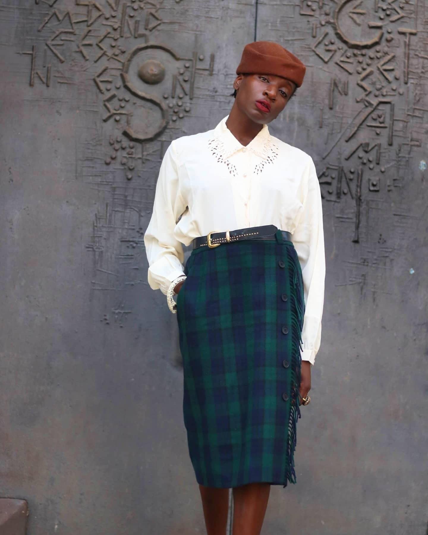 80s Catherina Hepfer Skirt | Vintage Wool Checkered Skirt With