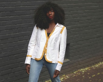 Vintage 90s Silk Blazer Minimalist Chic| lightweight  White and Gold Jacket Evening Shirt |