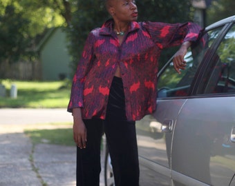 y2k red Jaclyn Smith Blouse| Gothic-inspired Grunge short blouse with black floral print