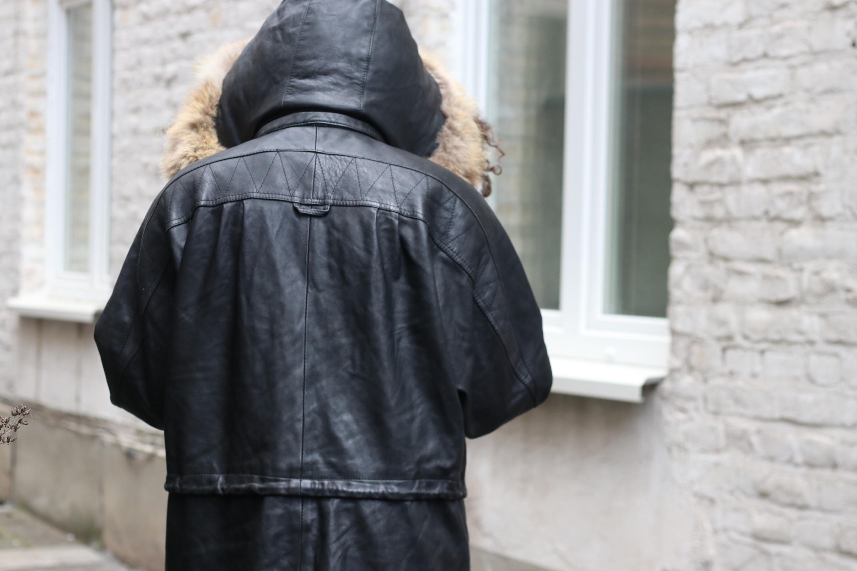 Vintage Leather Parka Jacket Black Hooded Winter Coat Oversized
