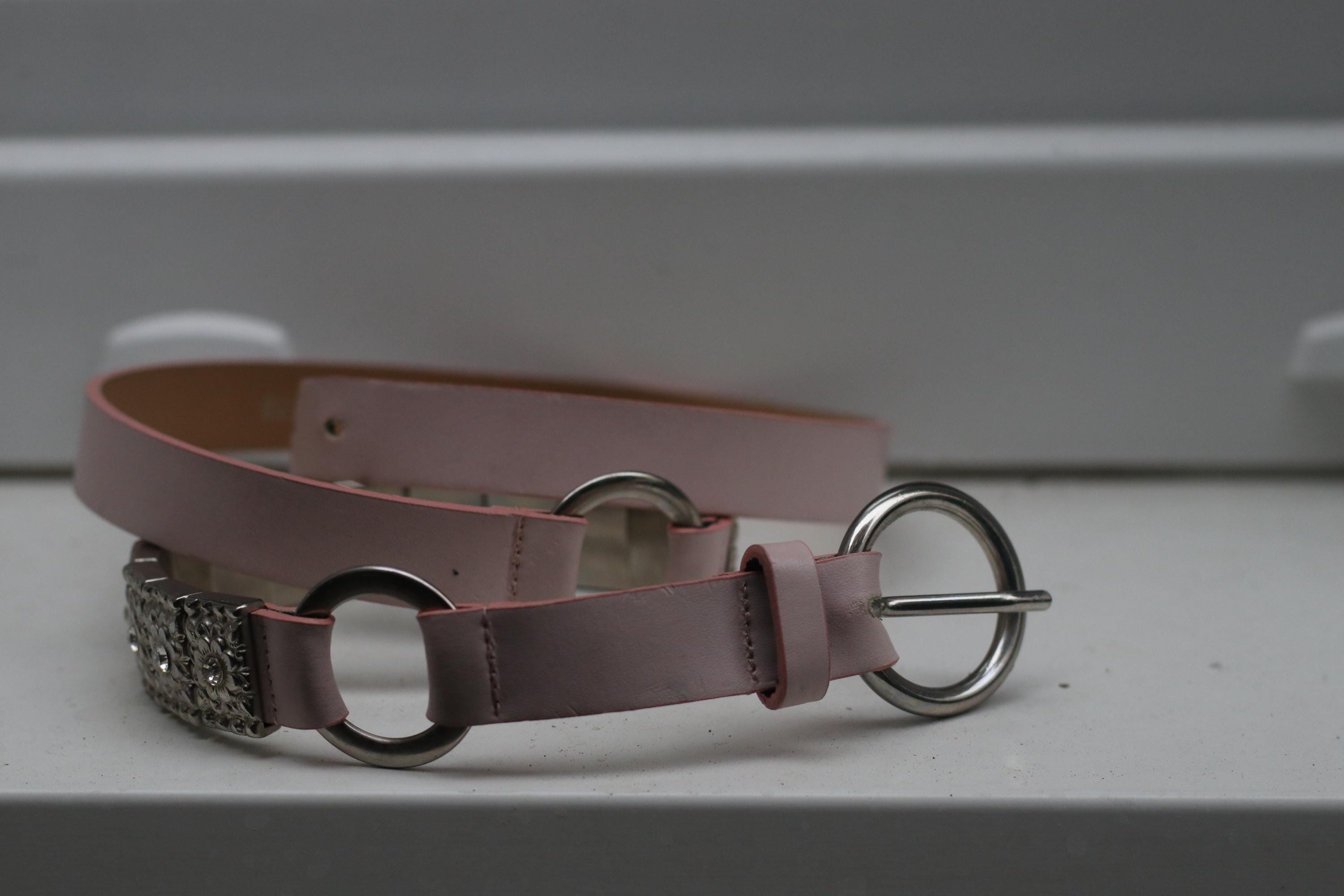 Vintage Y2K Pink Leather Belt With Metal Panel Rhinestone Details