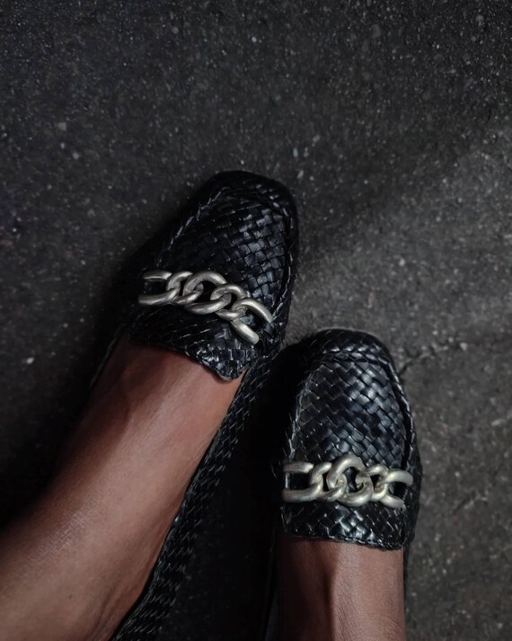 Alexandria lederen geweven slip in schoenen Vintage chique - Etsy België