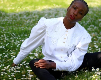 80s Cottage Core Blouse| Cris Devi White Vintage Shirt| Oversized Collar Summer Blouse| Women's Romantic Blouse with Studded Details