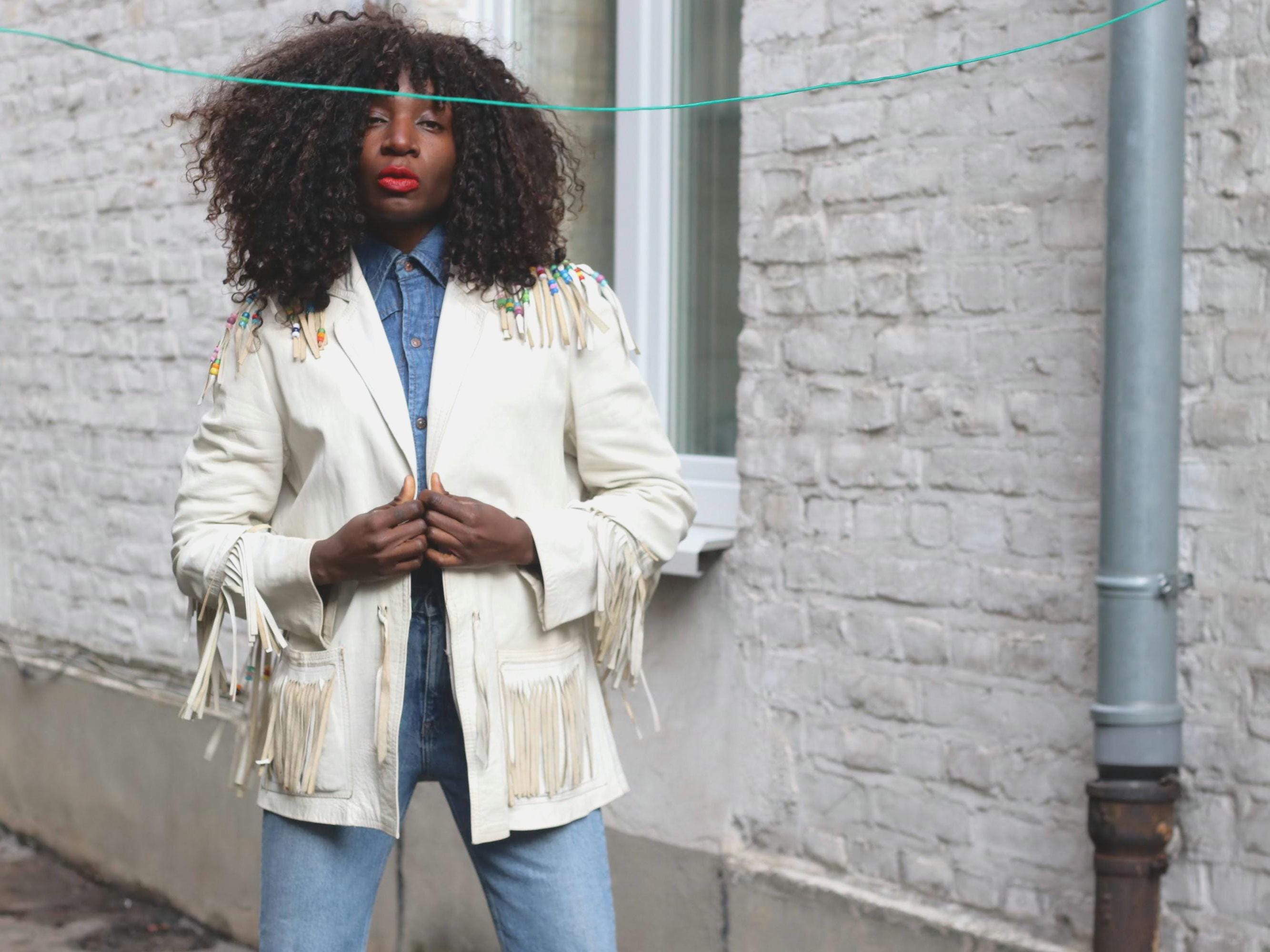 Michel Bachoz Vintage Fringe Leather Jacket Beaded Boho Western