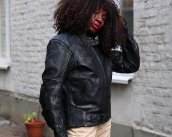 Vintage Black Leather Biker Jacket • Moto Zip Jacket • Classic Women’s Outerwear