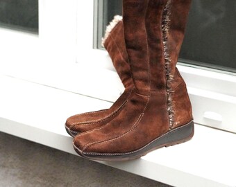 Rare Vintage 70s Cherokee Faux SHEARLING Lace up WEDGE BOOTS  display picture 3