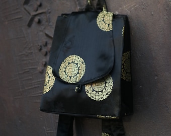 y2k black opulent backpack| Vintage Black and gold fabric backpack with circle print| Gothic inspired EMO bag