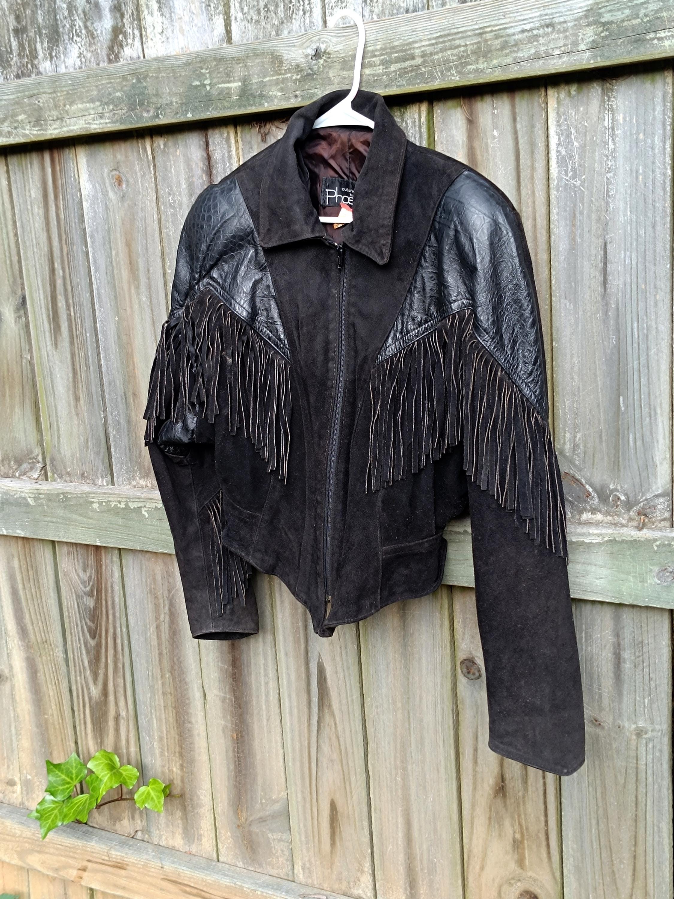 Vintage Suede Fringe Jacket | 80s Black Western Boho Biker
