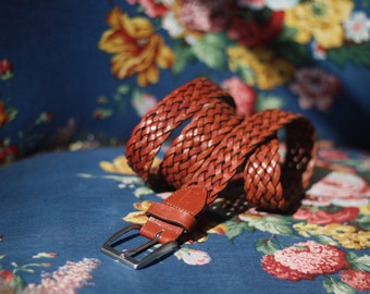 90s Brown Woven Leather Belt | Vintage Bohemian Designer belt | Minimalist capsule collection belt| Schuchard & friese belt