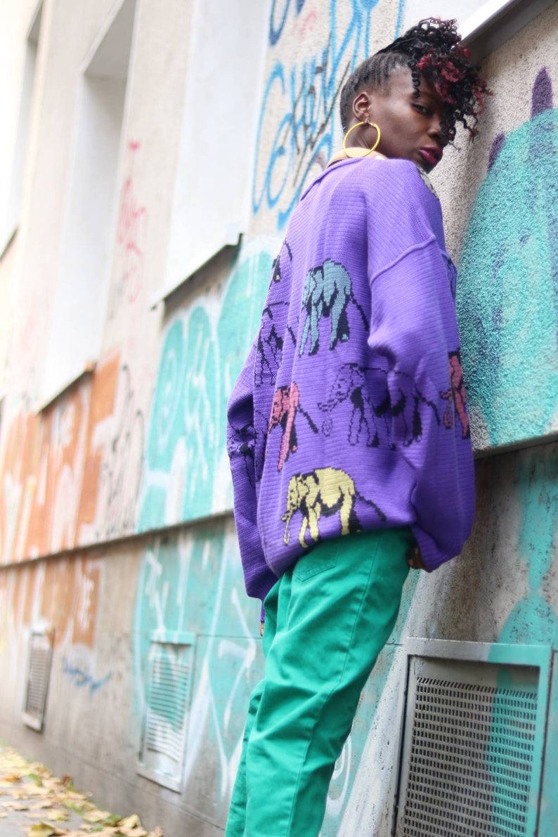 Vintage 80s Purple Sweater with Elephant Print Street Style Size S M
