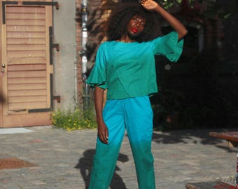 Vintage Ombre Teal Two-Piece Set: Bell Sleeve Blouse & Wide Leg Trousers - S/M